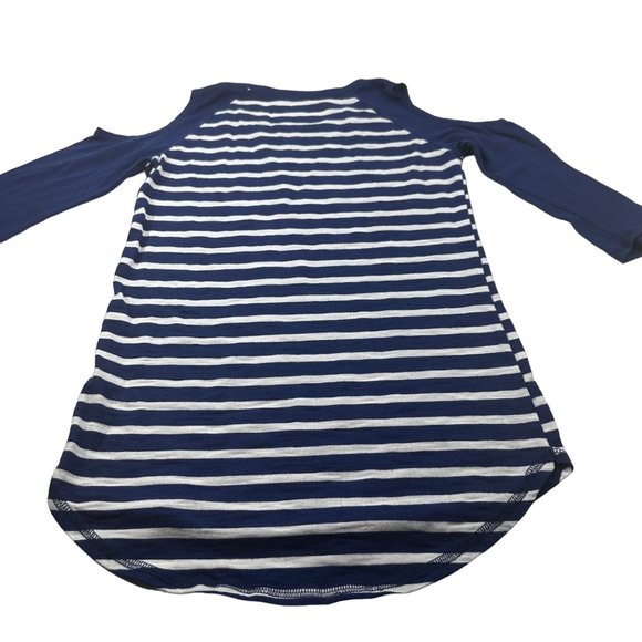 So Women Sz XS Shirt Relaxed Fit Peek-a-boo Shoulders Blue White Stripe Preowned - Picture 2 of 13